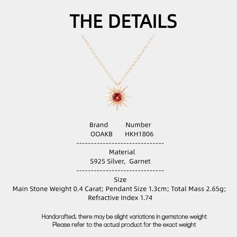 Garnet Sunburst Pendant Necklace specification card with measurements and material details