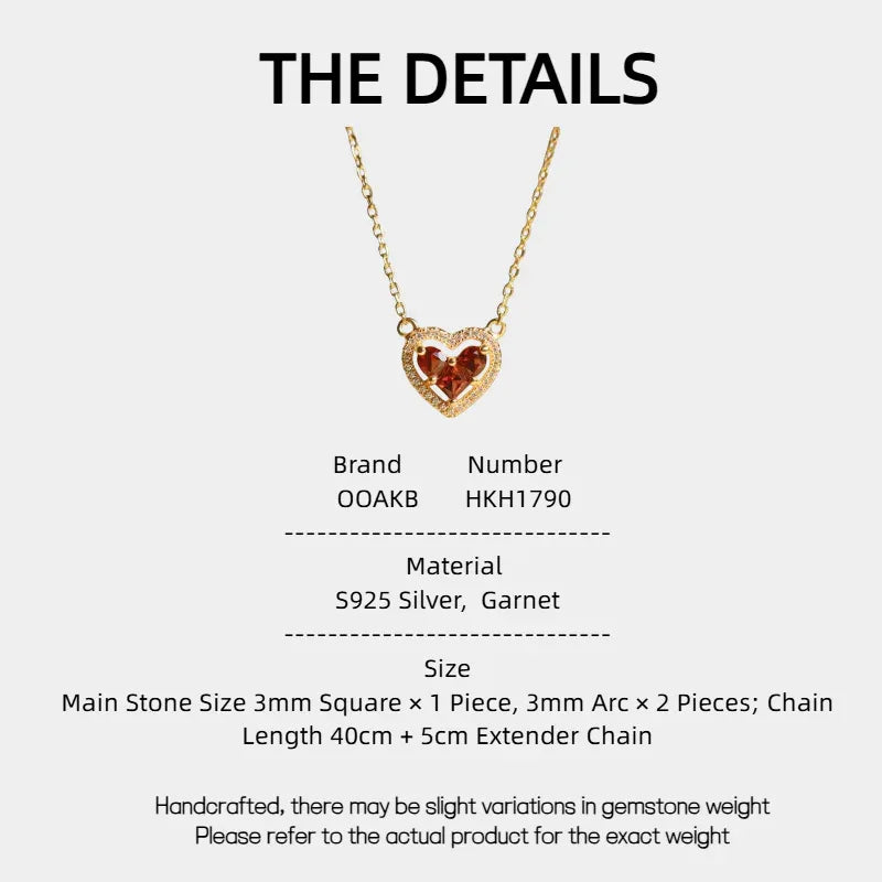 Garnet Triple-Stone Heart Necklace specification card with measurements and material details