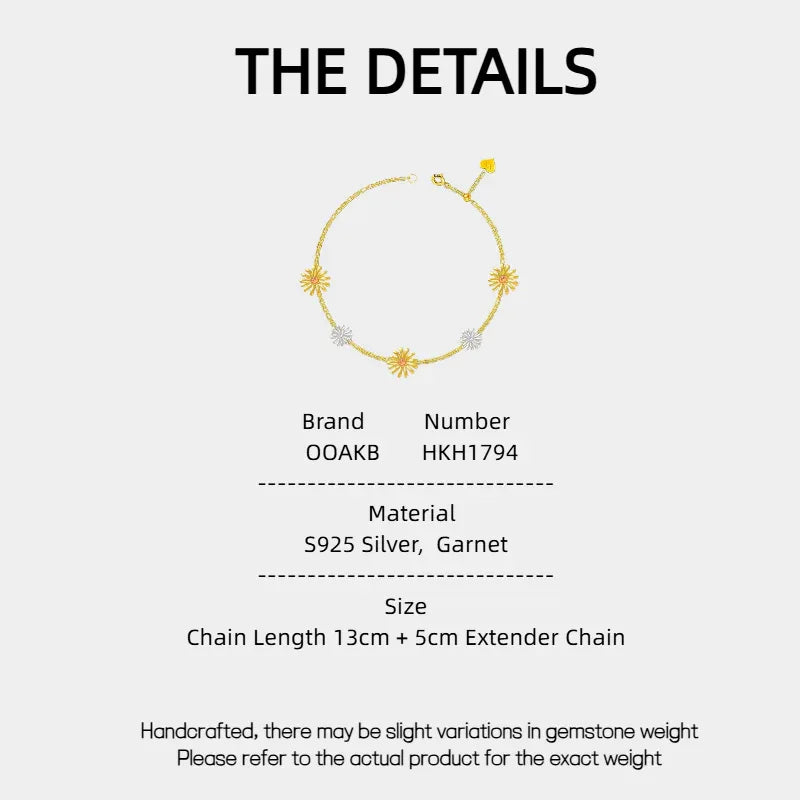 Garnet Two-Tone Floral Station Bracelet specification card with measurements and material details