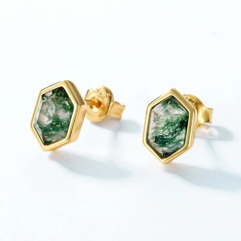 Geometric Hexagonal Moss Agate Earrings — angled product view 5