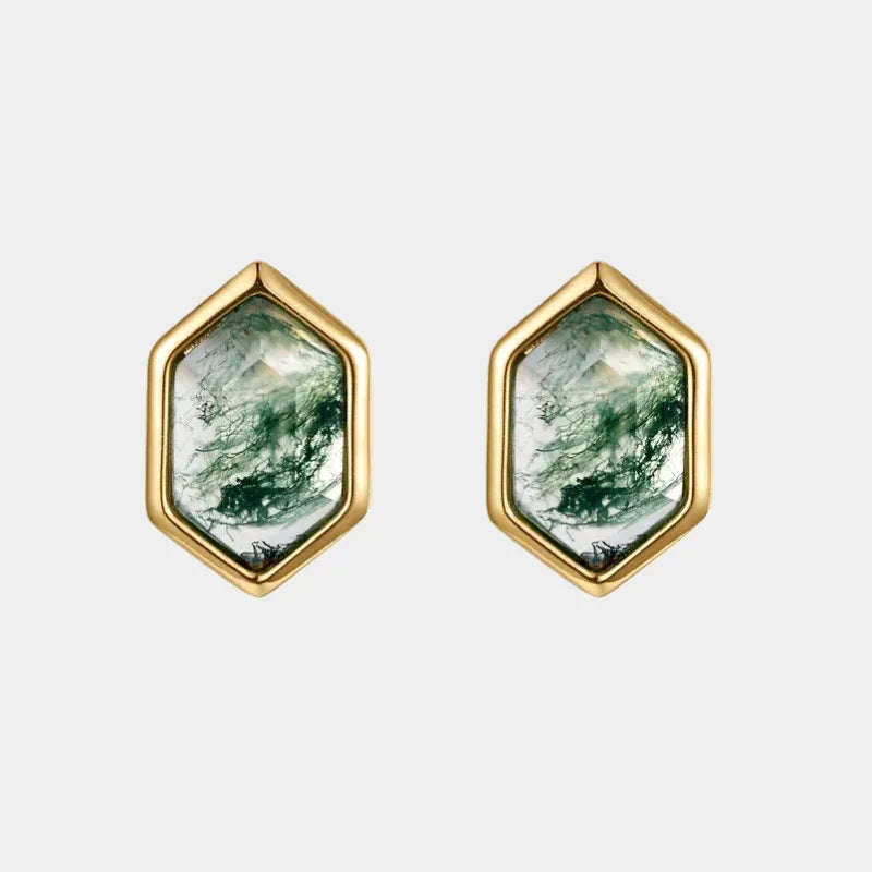 Geometric Hexagonal Moss Agate Earrings — front product view on a light background