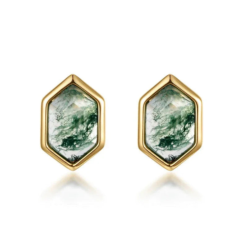 Geometric Hexagonal Moss Agate Earrings — front setting detail 3
