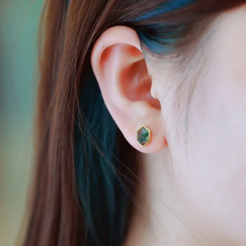 Geometric Hexagonal Moss Agate Earrings — hand-worn scale view 2