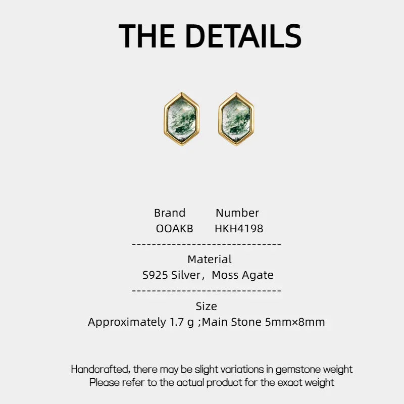 Geometric Hexagonal Moss Agate Earrings — Moss Agate specification card with material and measurements