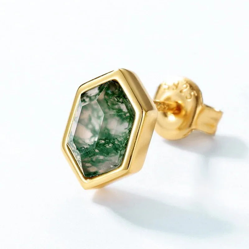 Geometric Hexagonal Moss Agate Earrings — side profile and band detail 4