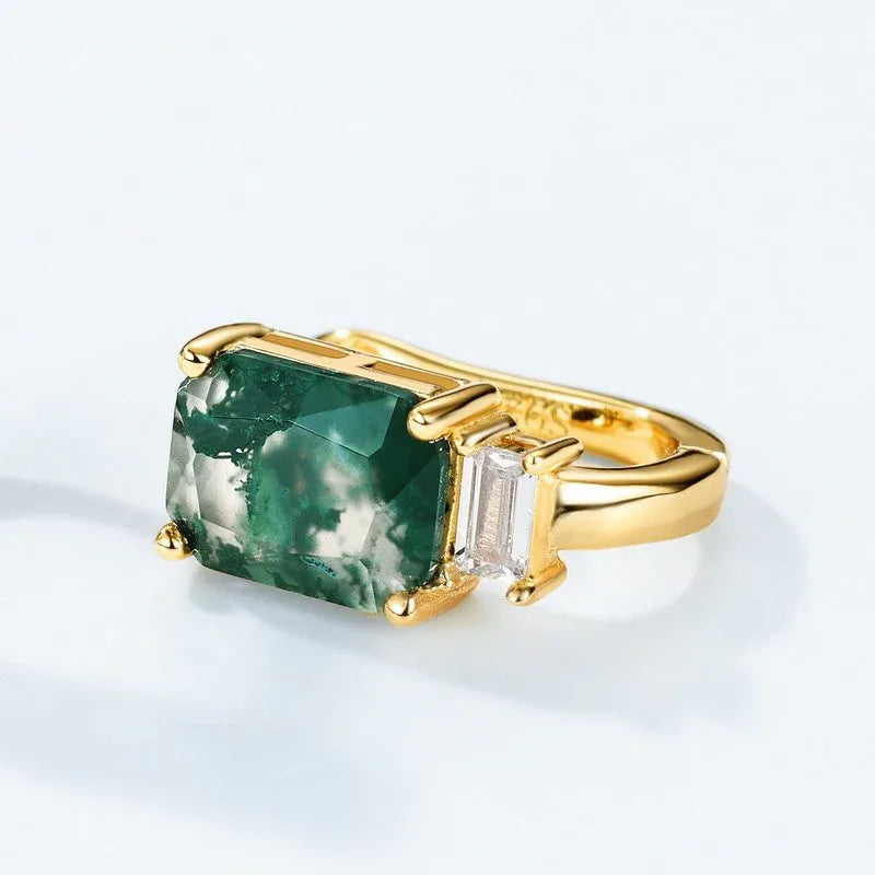 Geometric Moss Agate Earrings — front setting detail 3