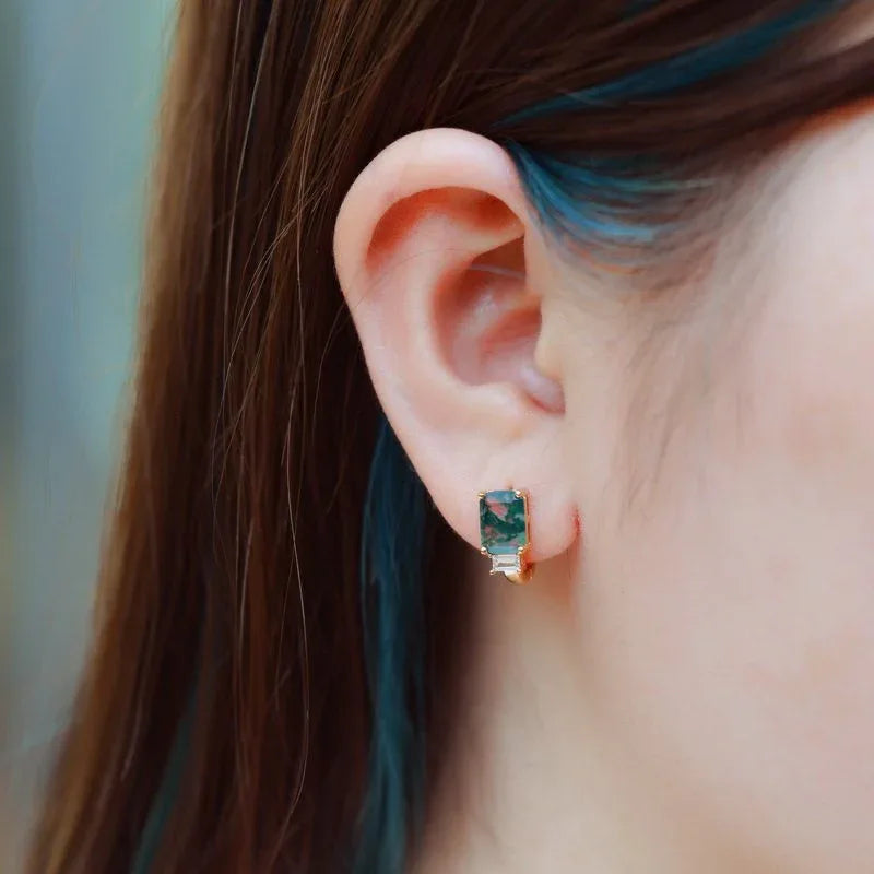 Geometric Moss Agate Earrings — hand-worn scale view 2