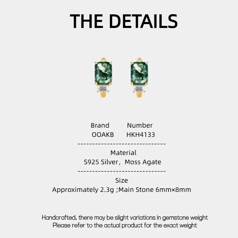 Geometric Moss Agate Earrings — Moss Agate specification card with material and measurements