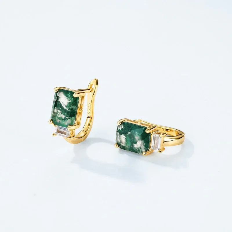 Geometric Moss Agate Earrings — side profile and band detail 4