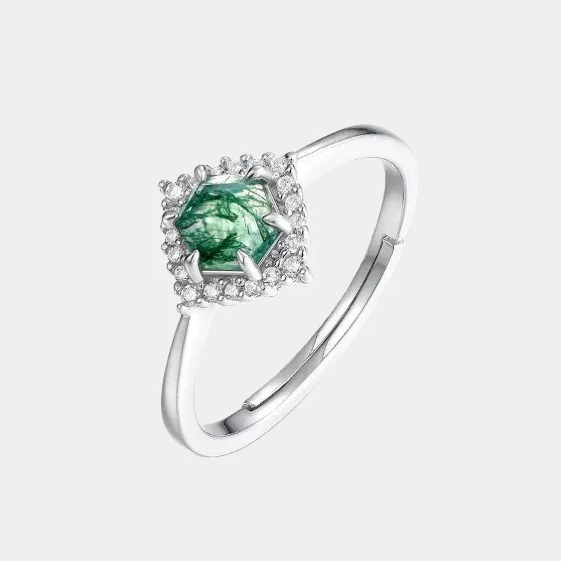 Geometric Moss Agate Open Ring Women's Style — front product view on a light background