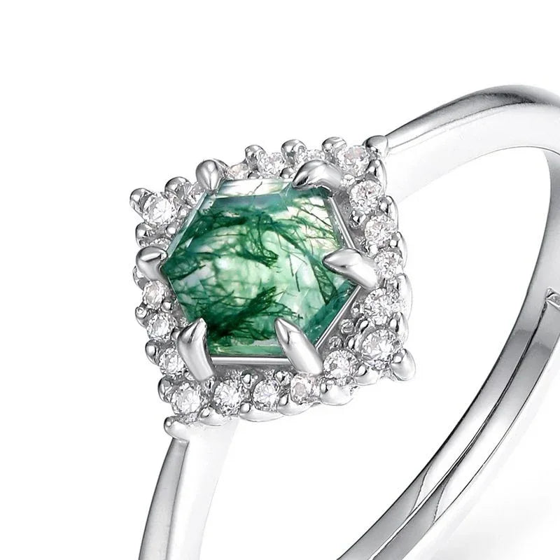 Geometric Moss Agate Open Ring Women's Style — front setting detail 3