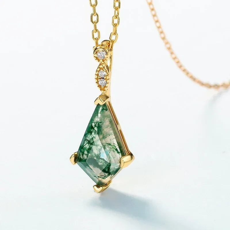 Geometric Moss Agate Pendant — angled pendant and chain detail 4