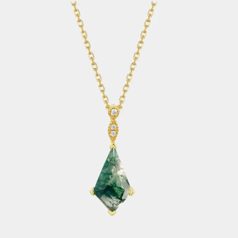 Geometric Moss Agate Pendant — full necklace view on a light background