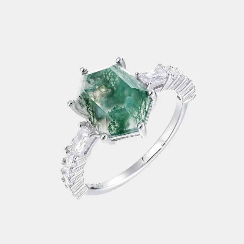 Geometric Moss Agate Ring — front product view on a light background
