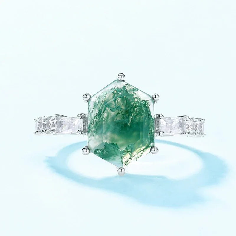 Geometric Moss Agate Ring — hand-worn scale view 2