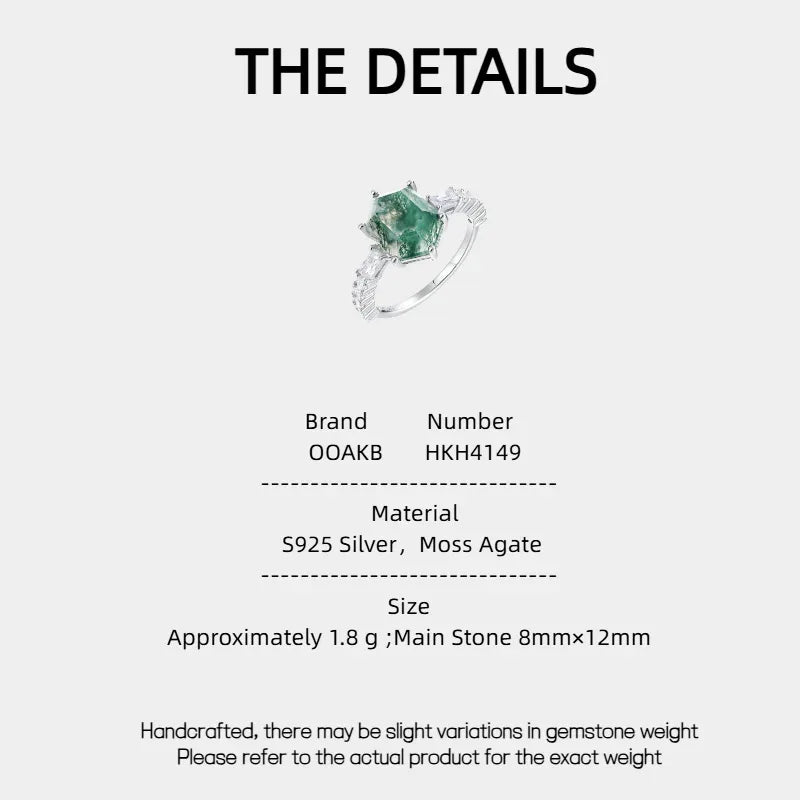 Geometric Moss Agate Ring — Moss Agate specification card with material and measurements