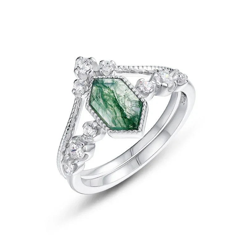 Geometric Moss Agate Stackable Ring — angled product view 5