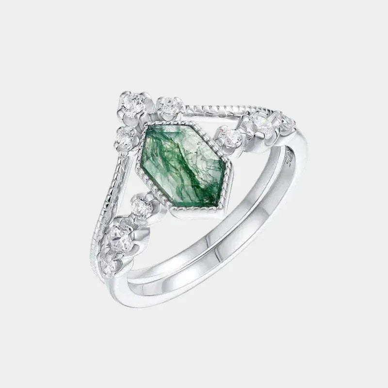 Geometric Moss Agate Stackable Ring — front product view on a light background