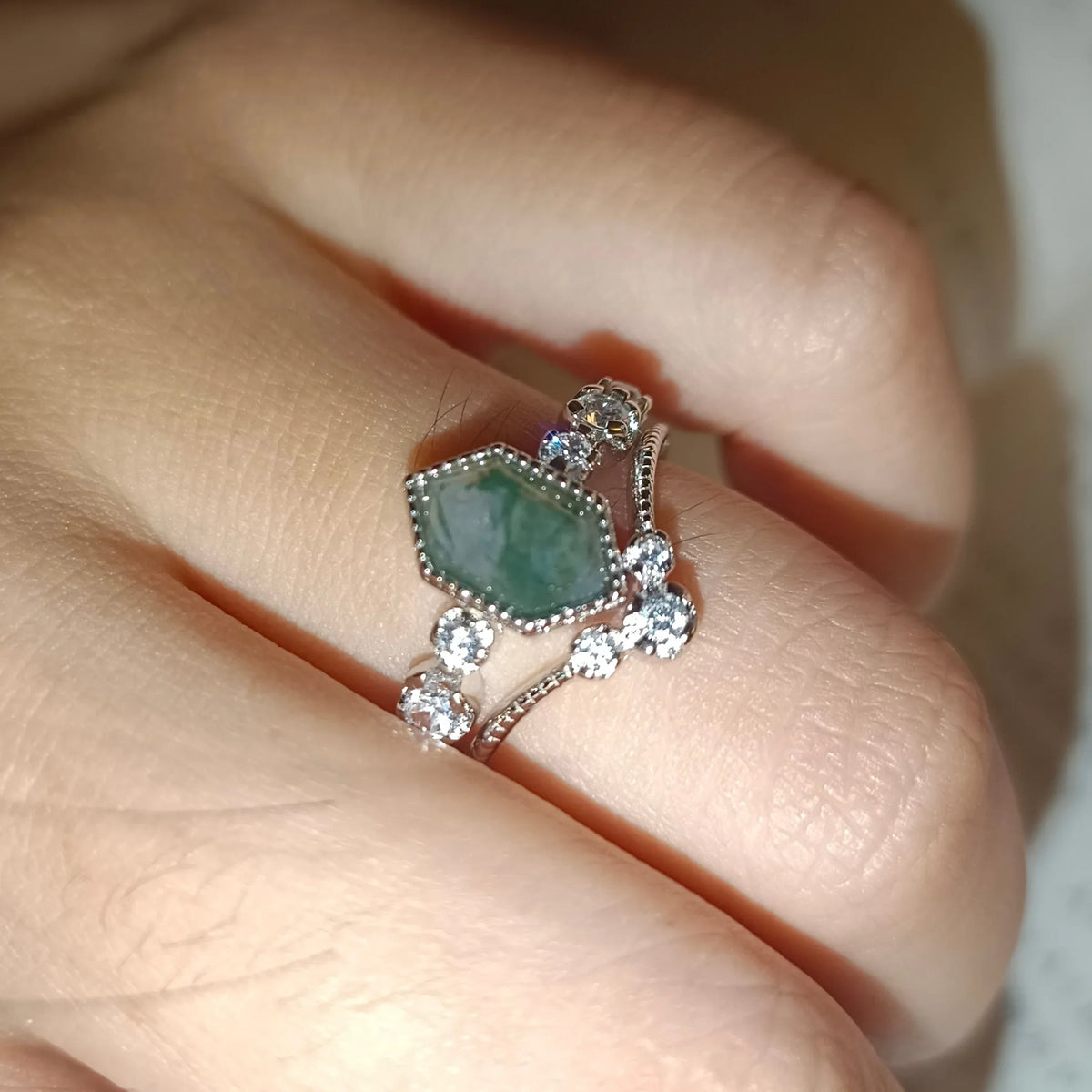 Geometric Moss Agate Stackable Ring — hand-worn scale view 2