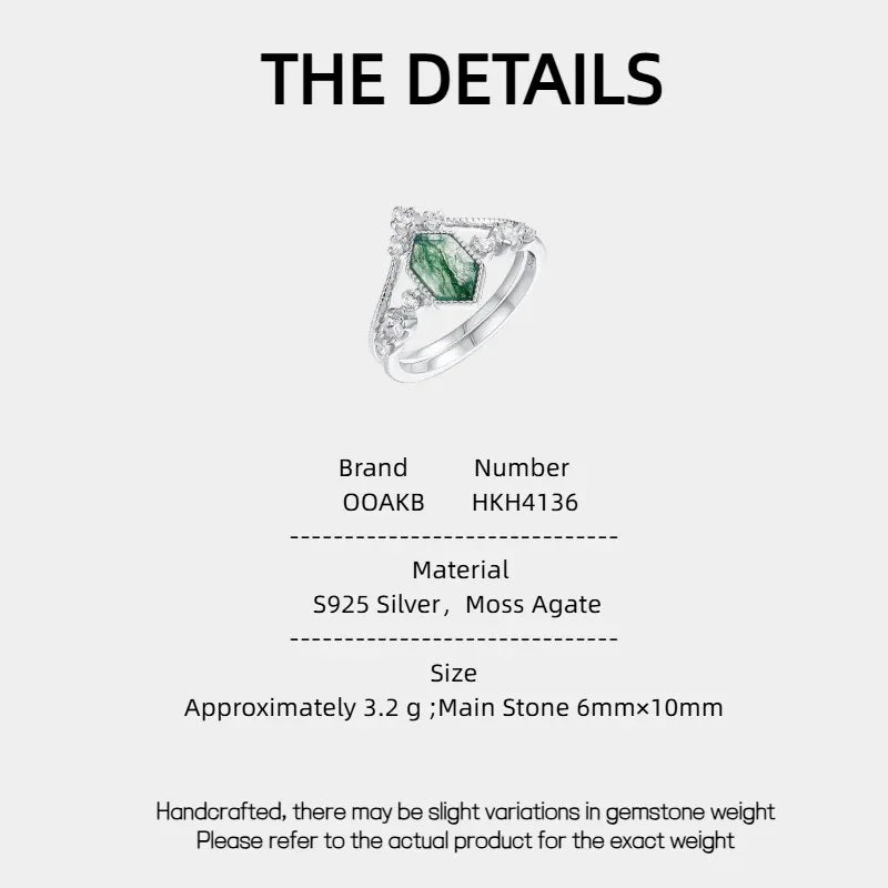 Geometric Moss Agate Stackable Ring — Moss Agate specification card with material and measurements