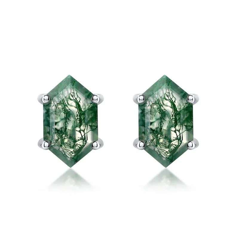 Hexagonal Moss Agate Prong-Set Stud Earrings — paired front close-up