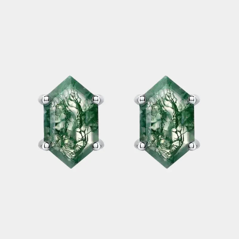 Hexagonal Moss Agate Prong-Set Stud Earrings — paired front view on white background