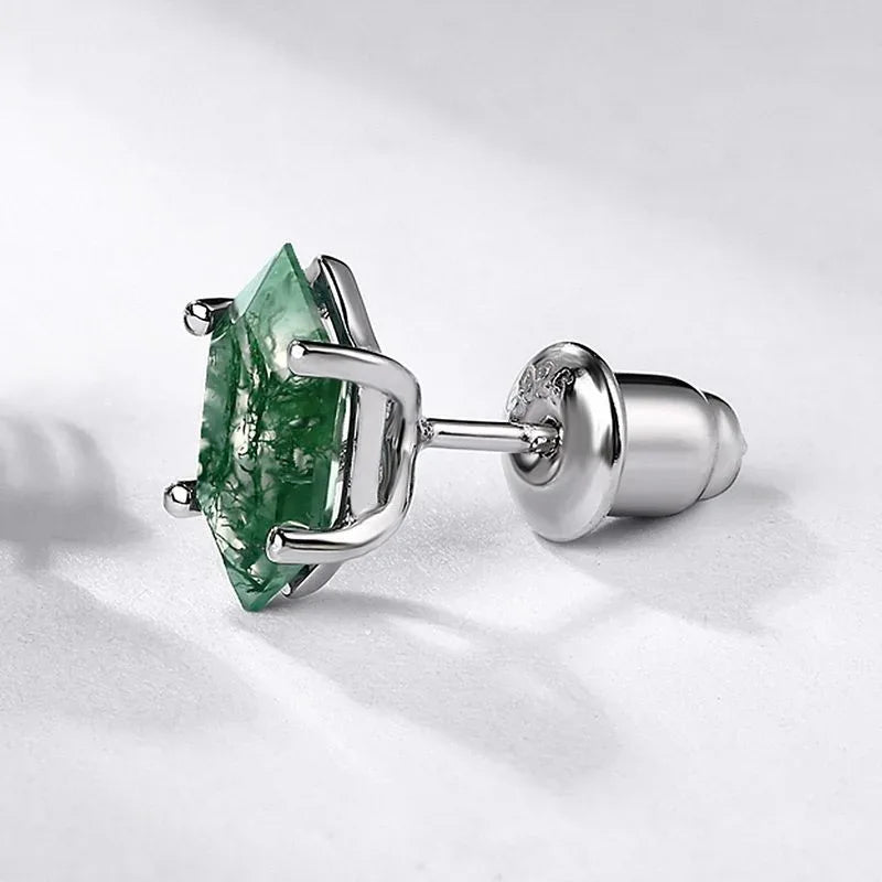 Hexagonal Moss Agate Prong-Set Stud Earrings — paired side view showing posts and basket settings