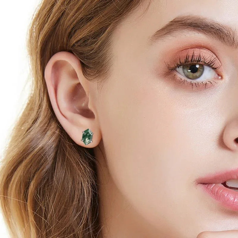Hexagonal Moss Agate Prong-Set Stud Earrings — single stud worn on ear