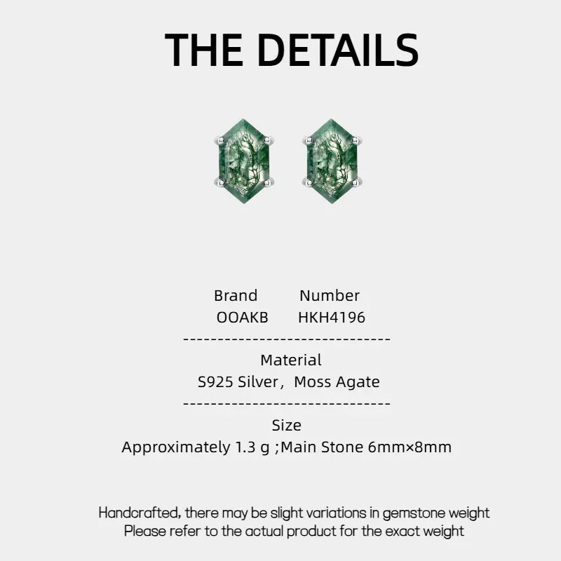 Hexagonal Moss Agate Prong-Set Stud Earrings — product specification card