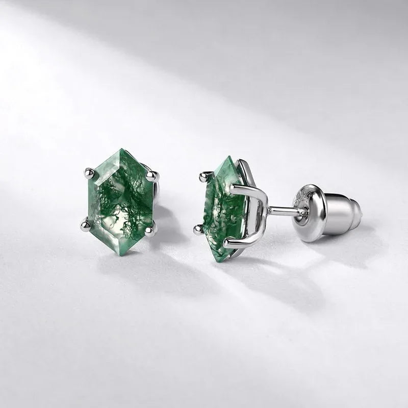 Hexagonal Moss Agate Prong-Set Stud Earrings — alternate paired side view