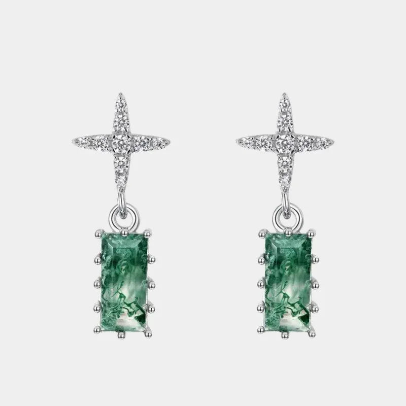 Geometric Rectangular Moss Agate Earrings — front product view on a light background