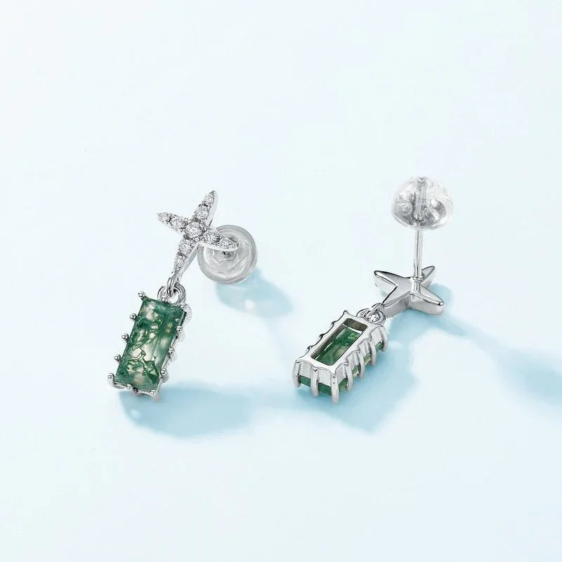 Geometric Rectangular Moss Agate Earrings — front setting detail 3