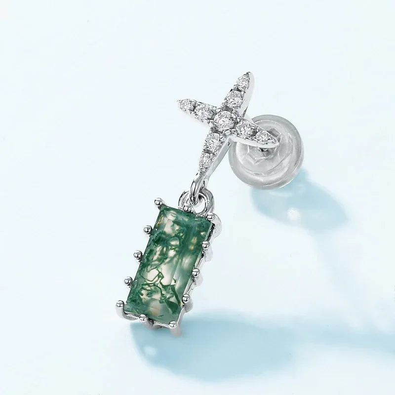 Geometric Rectangular Moss Agate Earrings — hand-worn scale view 2