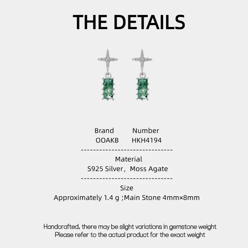 Geometric Rectangular Moss Agate Earrings — Moss Agate specification card with material and measurements