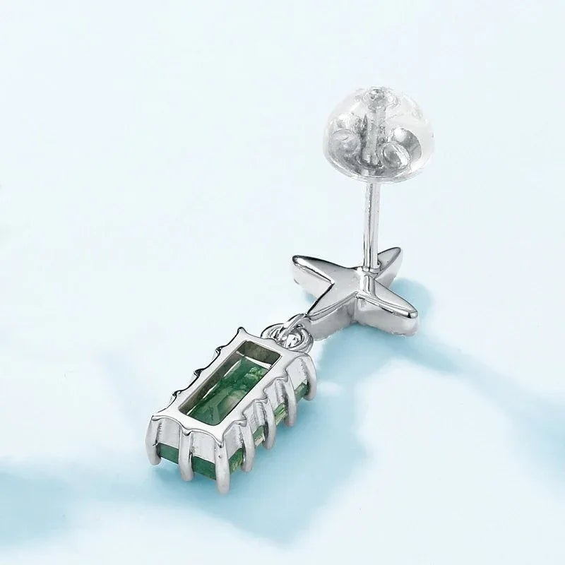 Geometric Rectangular Moss Agate Earrings — side profile and band detail 4