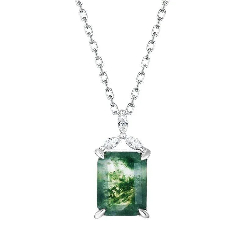 Geometric Rectangular Moss Agate Pendant — angled pendant and chain detail 4