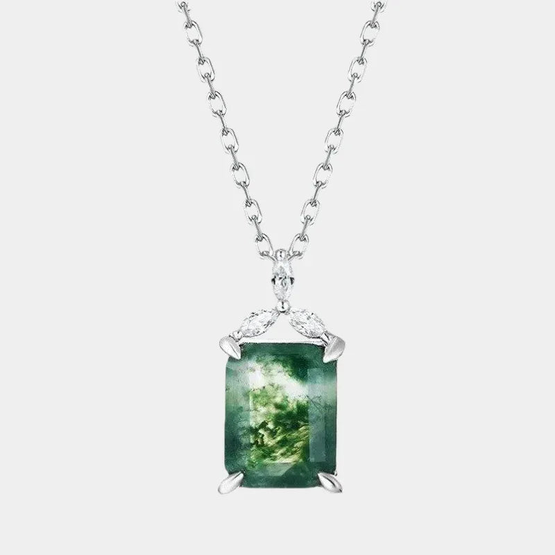 Geometric Rectangular Moss Agate Pendant — full necklace view on a light background