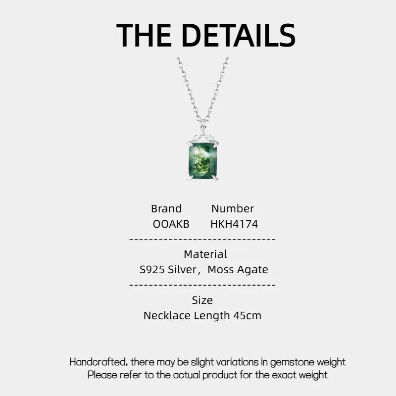 Geometric Rectangular Moss Agate Pendant — Moss Agate specification card with material and measurements
