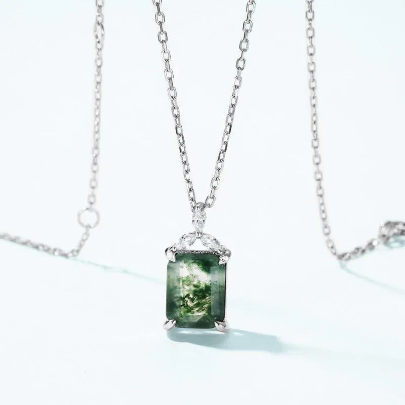 Geometric Rectangular Moss Agate Pendant — neckline scale view 2