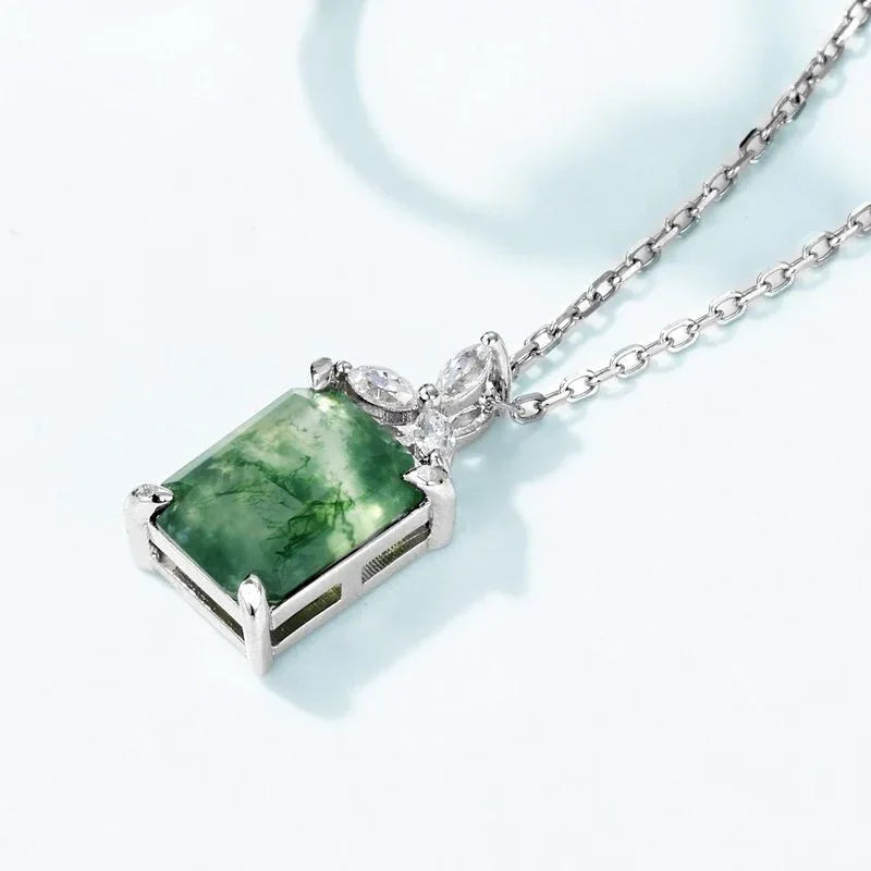 Geometric Rectangular Moss Agate Pendant — pendant close-up 3