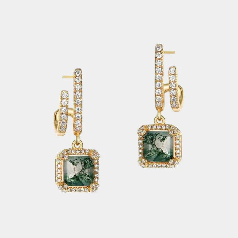 Geometric Series Moss Agate Earrings — front product view on a light background