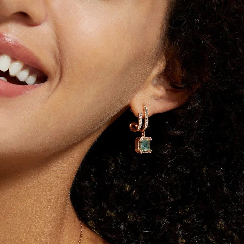 Geometric Series Moss Agate Earrings — hand-worn scale view 2
