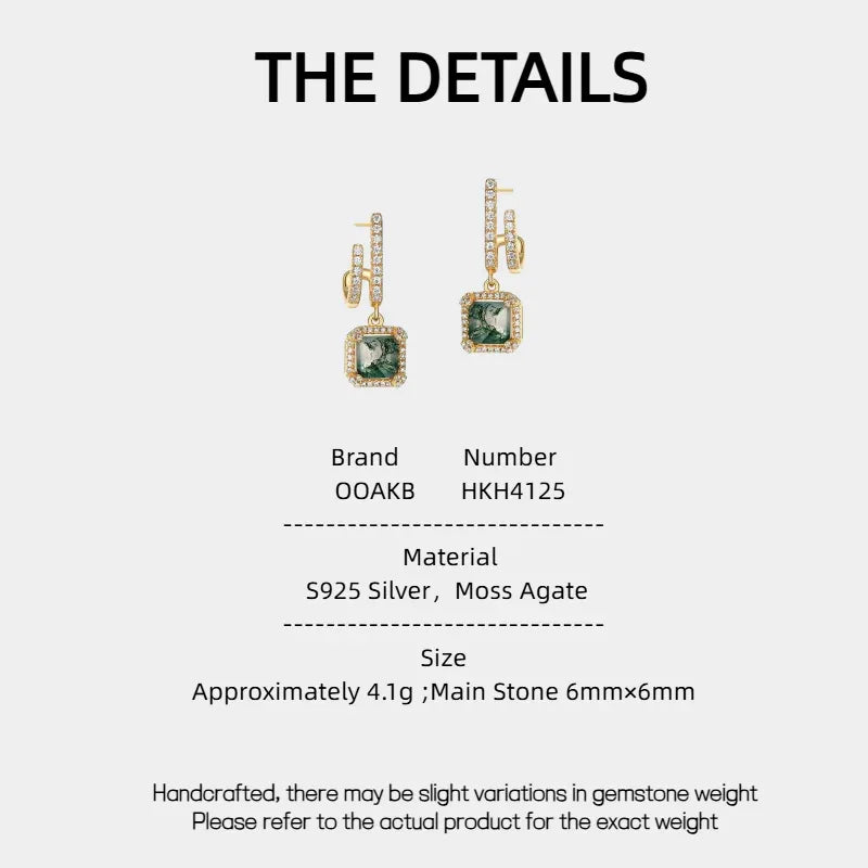 Geometric Series Moss Agate Earrings — Moss Agate specification card with material and measurements