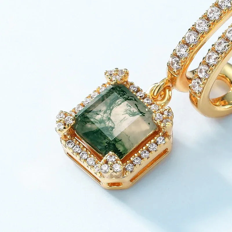 Geometric Series Moss Agate Earrings — side profile and band detail 4