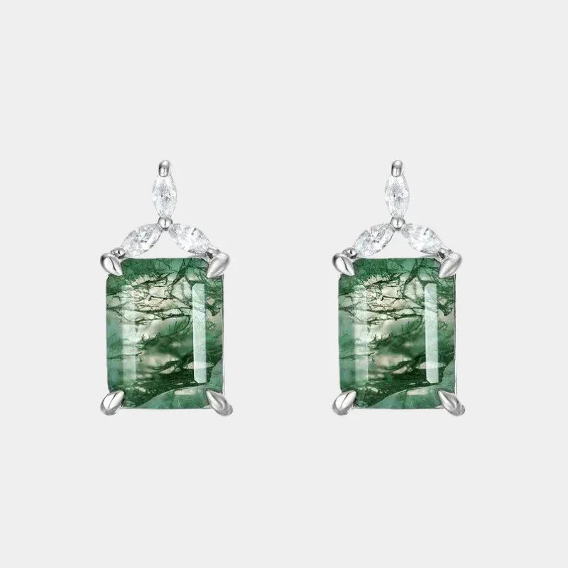 Geometric Square Moss Agate Earrings — front product view on a light background