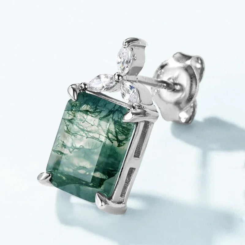 Geometric Square Moss Agate Earrings — front setting detail 3