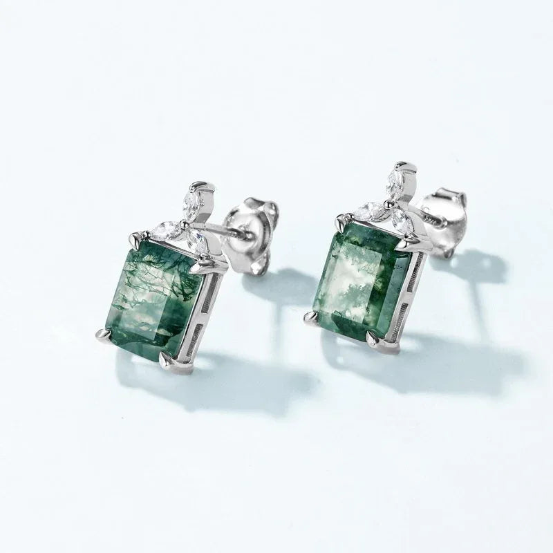 Geometric Square Moss Agate Earrings — hand-worn scale view 2