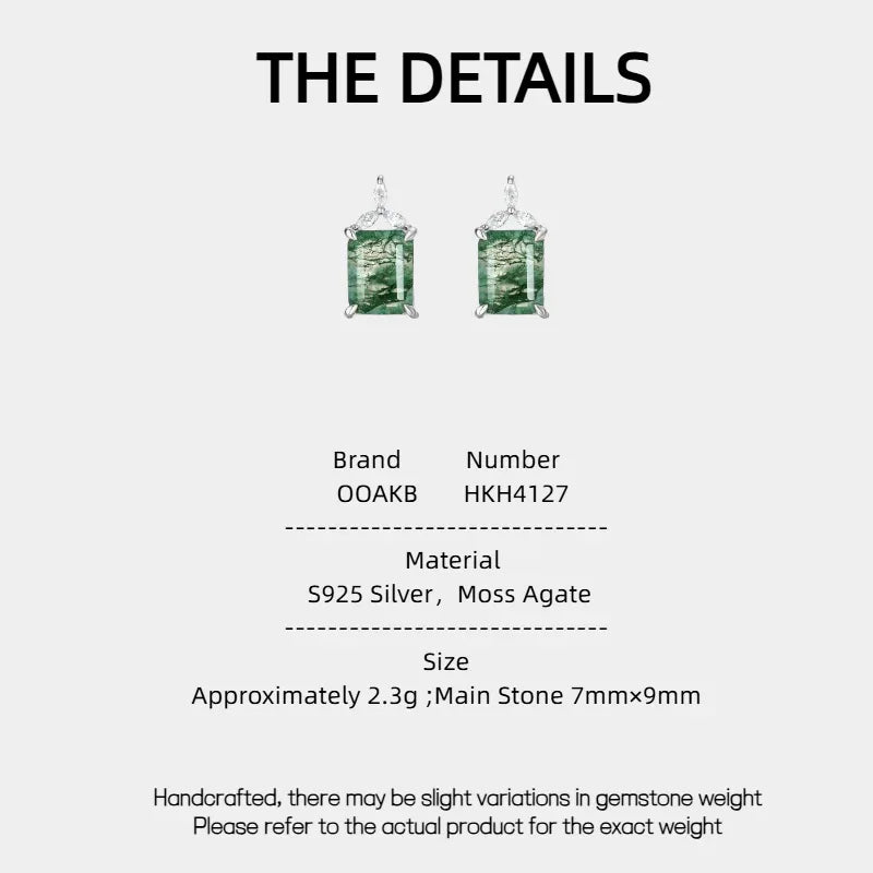 Geometric Square Moss Agate Earrings — Moss Agate specification card with material and measurements