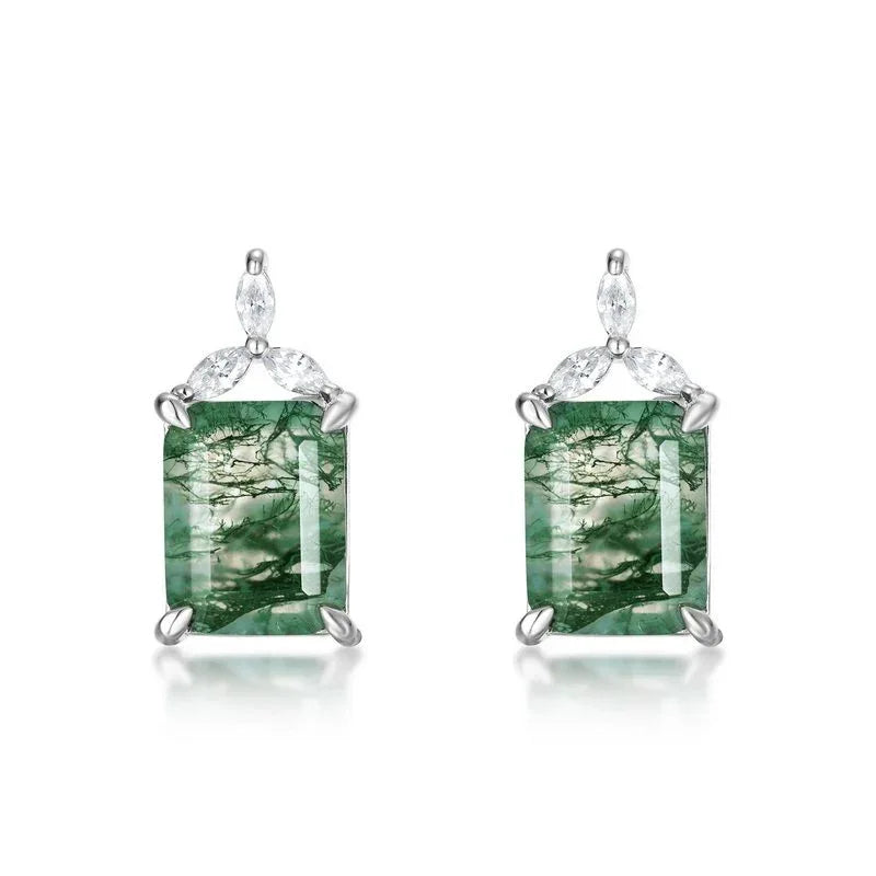 Geometric Square Moss Agate Earrings — side profile and band detail 4