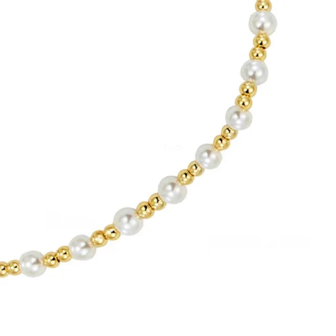 Gold-Plated Brass and Pearl Beaded Necklace — macro detail of the pearl and gold-tone link pattern